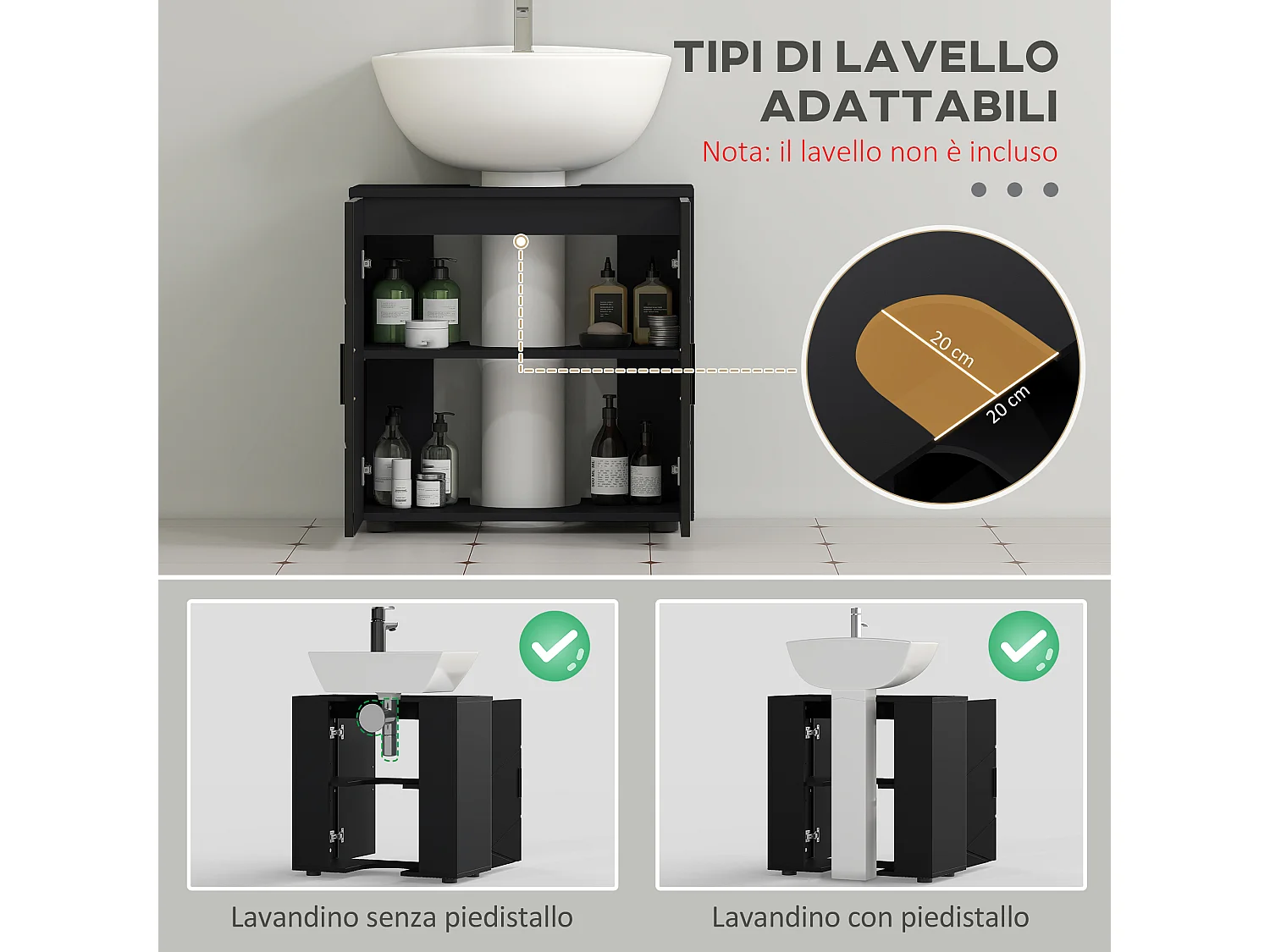 Mobile bagno sottolavabo colonna a 2 ante 60x30x60cm nero