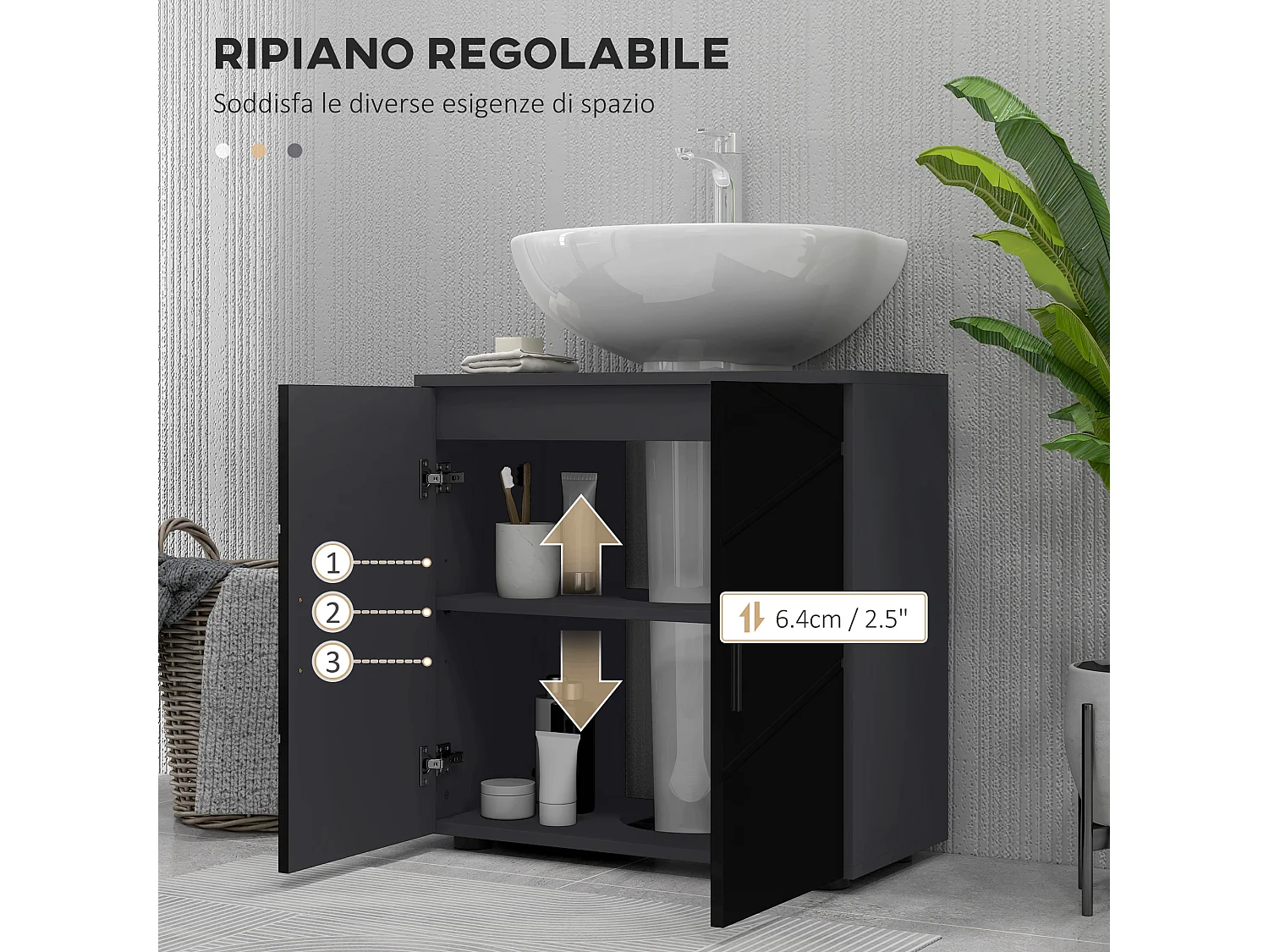 Mobile bagno sottolavabo colonna a 2 ante 60x30x60cm nero