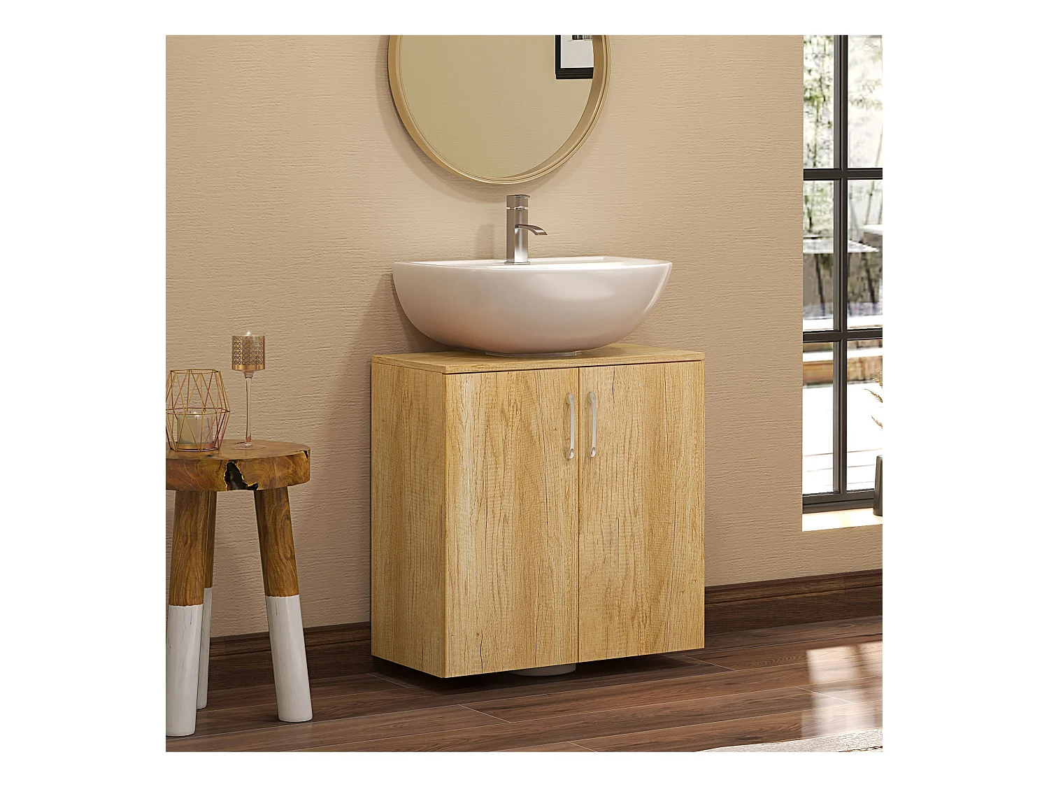 Mobile bagno sottolavabo sospeso con 2 ante e 2 ripiani in legno