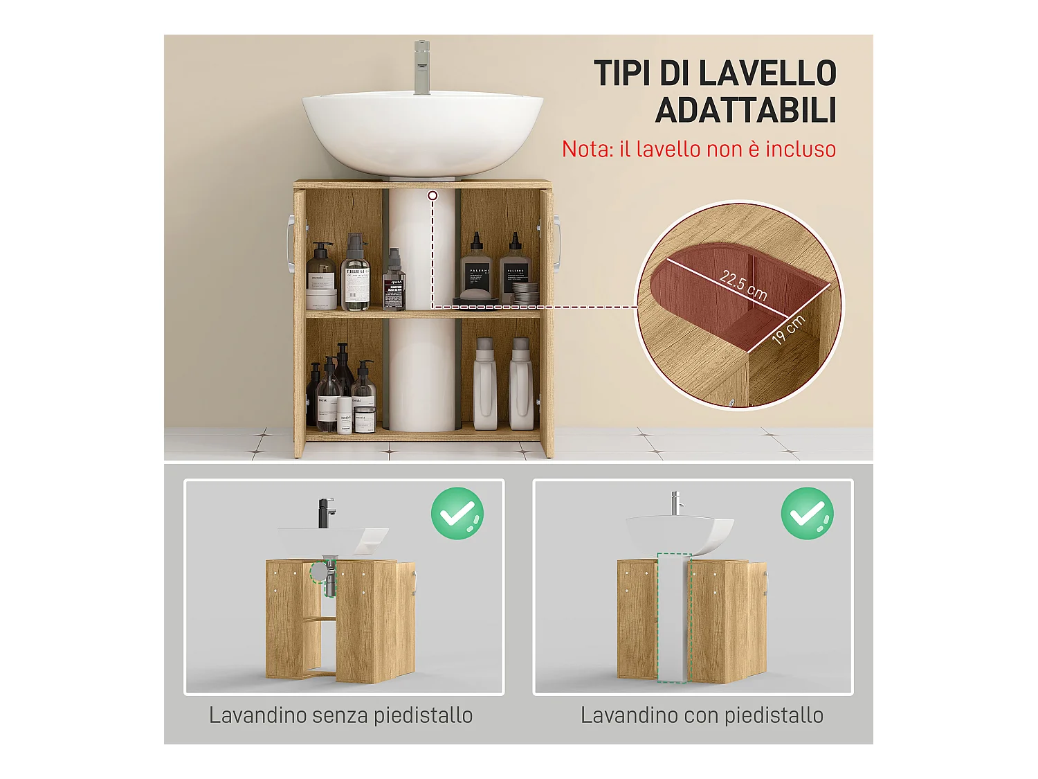 Mobile bagno sottolavabo sospeso con 2 ante e 2 ripiani in legno
