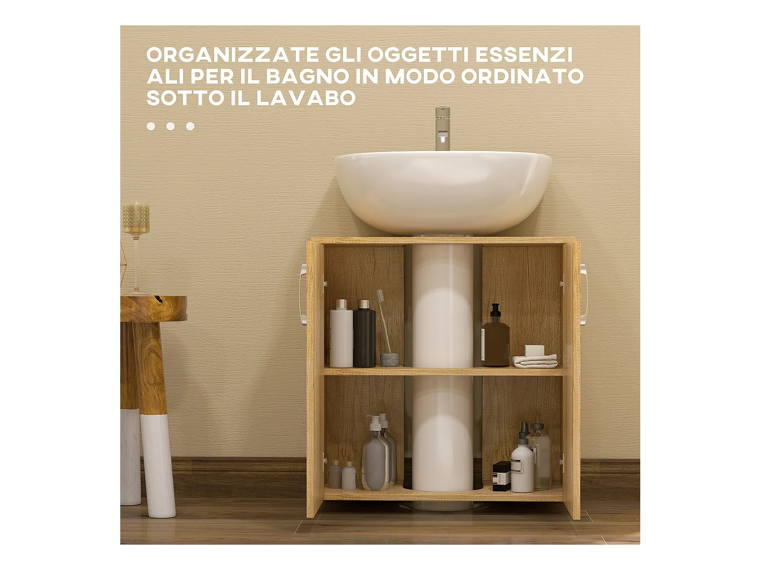 Mobile bagno sottolavabo sospeso con 2 ante e 2 ripiani in legno