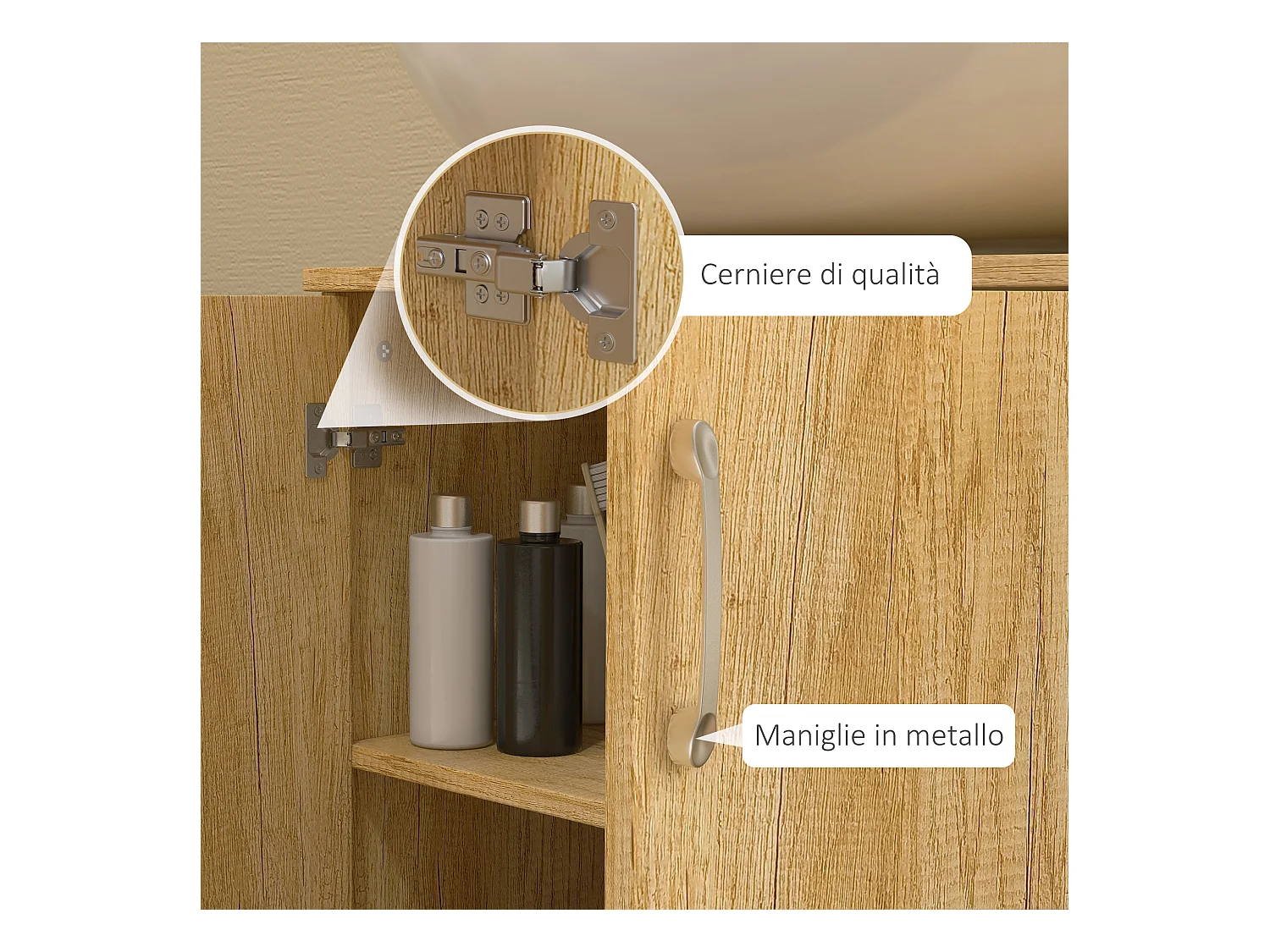 Mobile bagno sottolavabo sospeso con 2 ante e 2 ripiani in legno