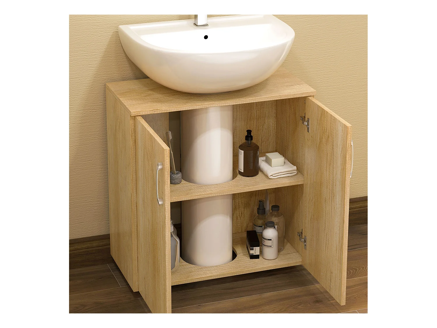Mobile bagno sottolavabo sospeso con 2 ante e 2 ripiani in legno