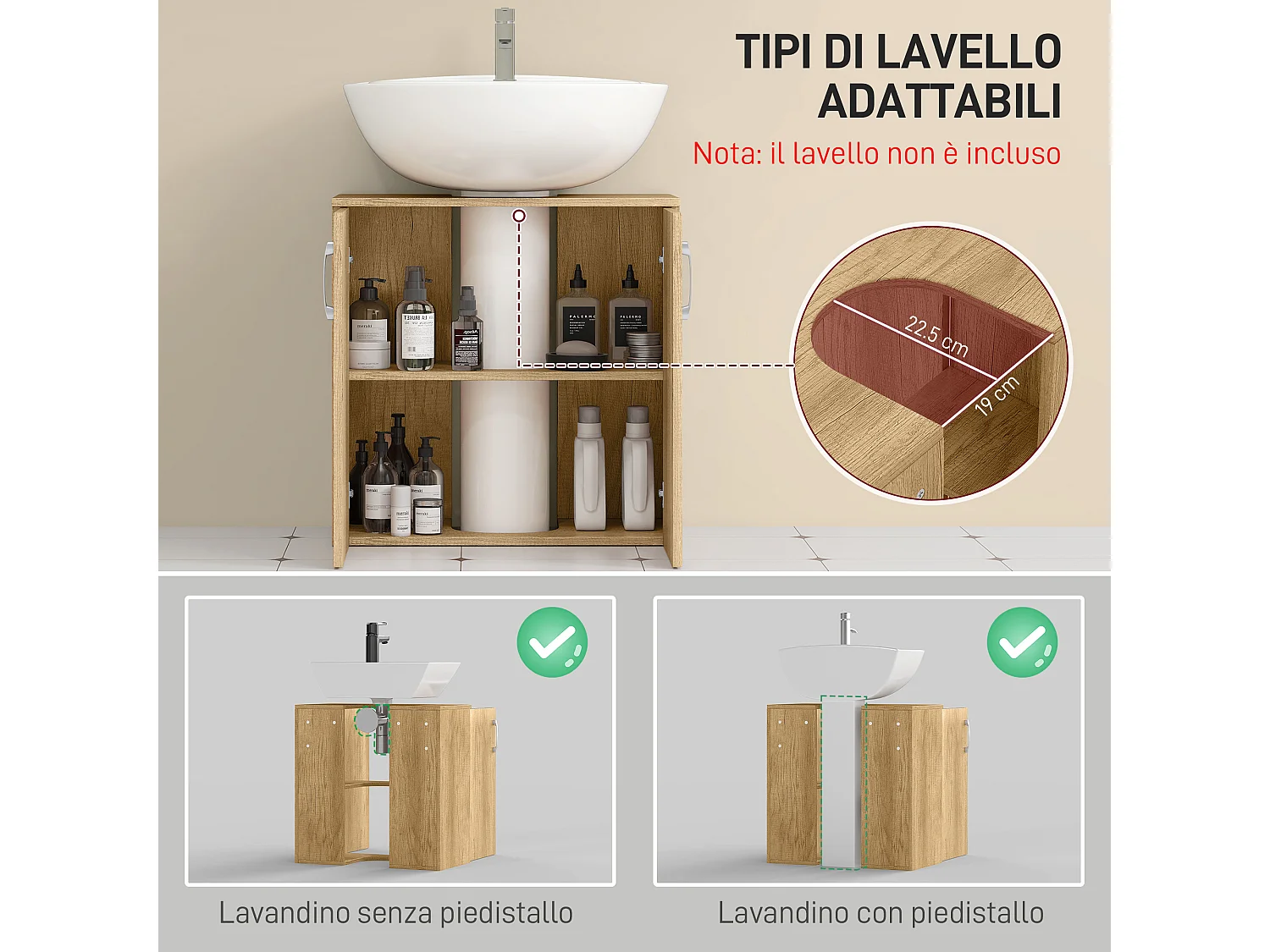 Mobile bagno sottolavabo sospeso con 2 ante e 2 ripiani in legno