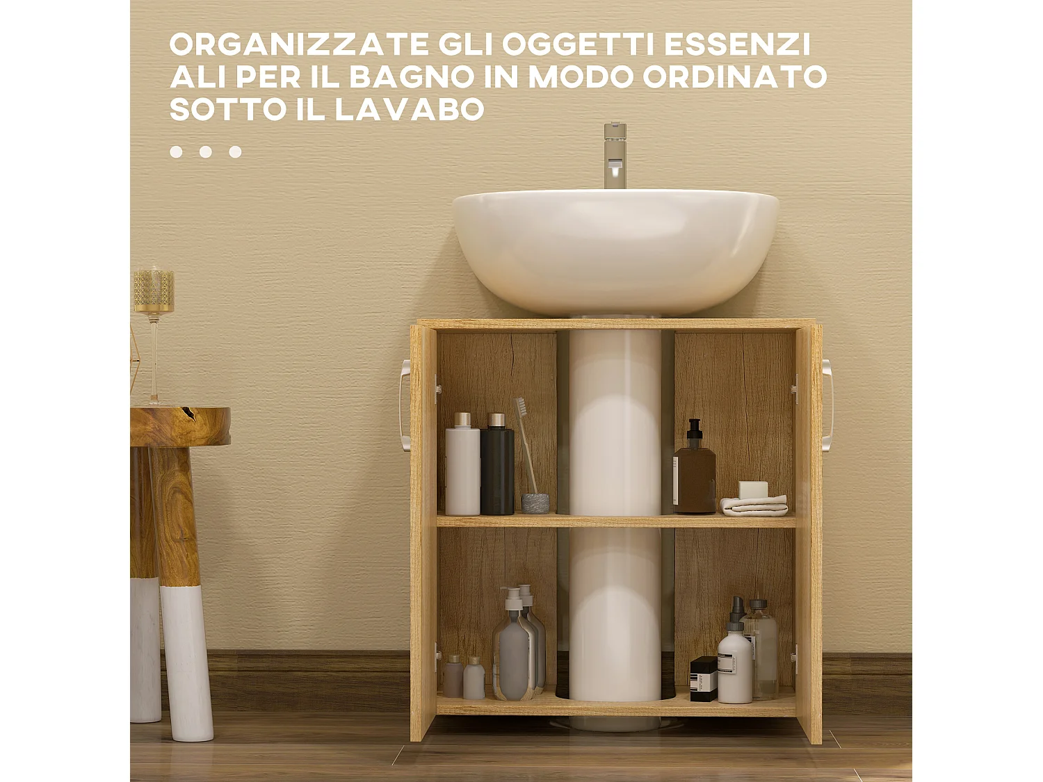 Mobile bagno sottolavabo sospeso con 2 ante e 2 ripiani in legno