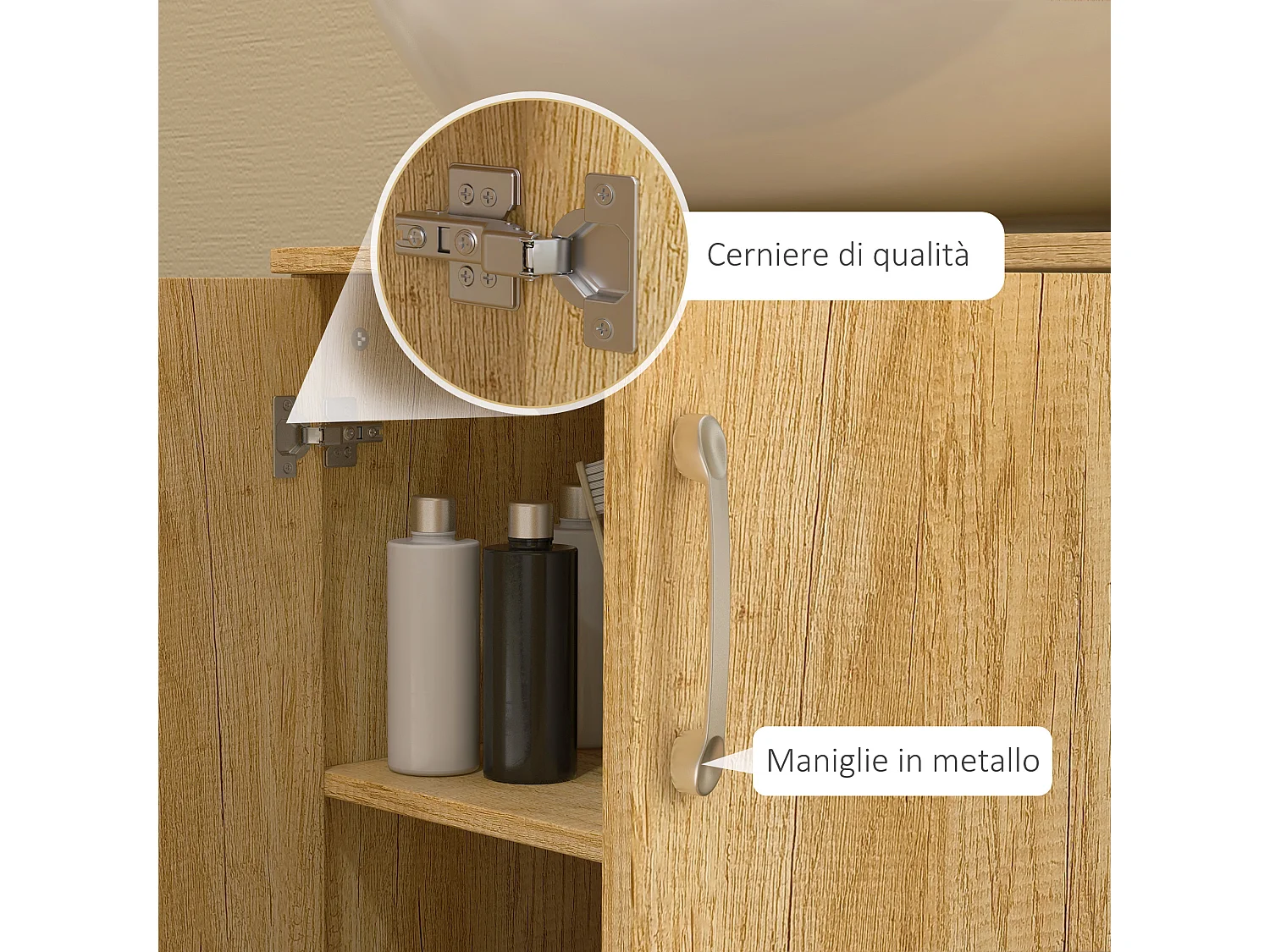 Mobile bagno sottolavabo sospeso con 2 ante e 2 ripiani in legno