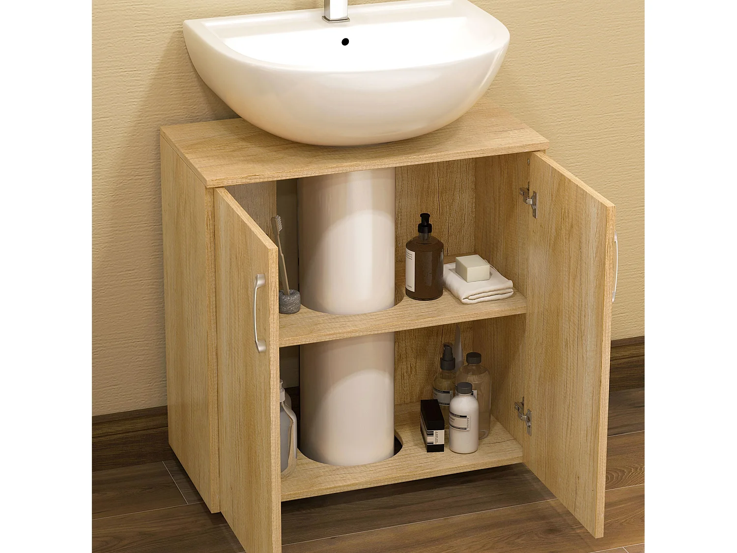 Mobile bagno sottolavabo sospeso con 2 ante e 2 ripiani in legno