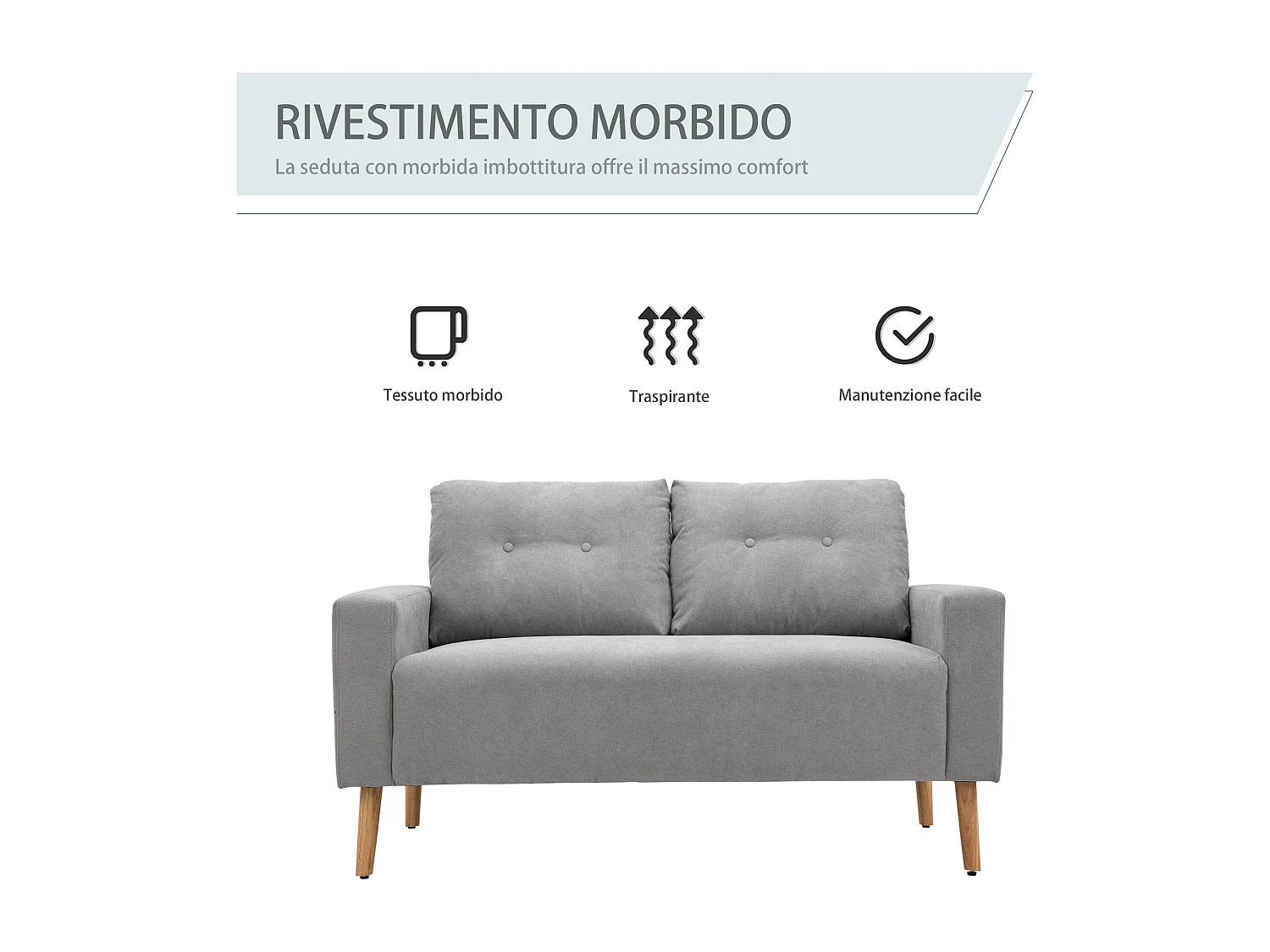 Divano 2 posti con cuscini schienale trapuntato colore grigio