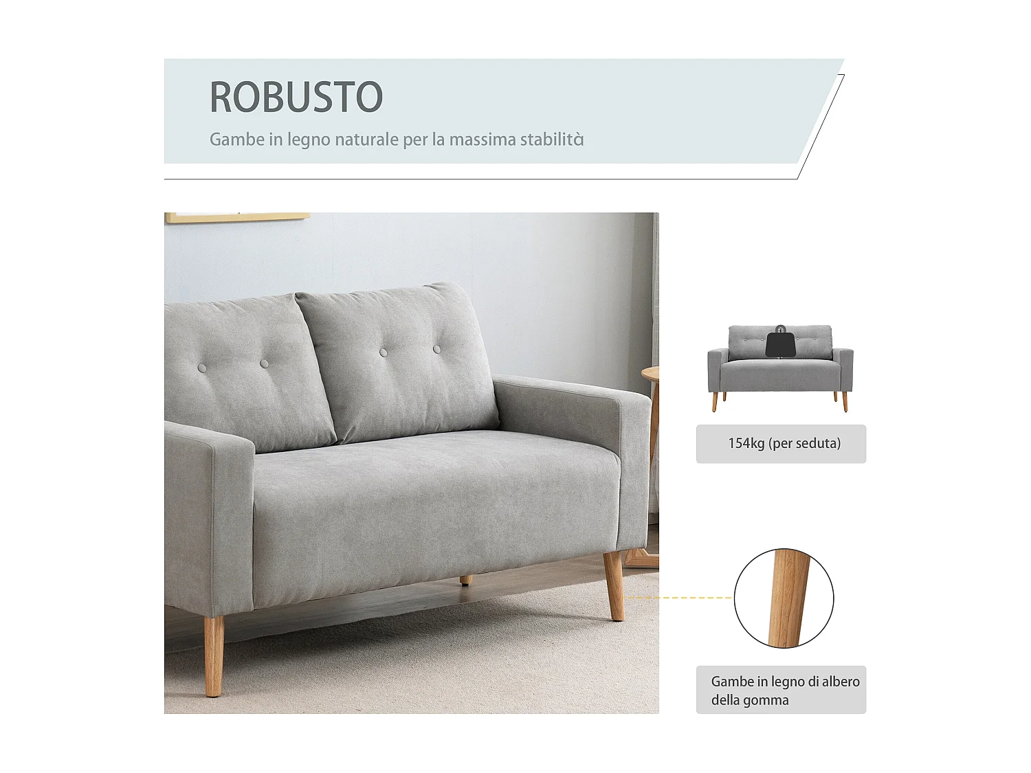 Divano 2 posti con cuscini schienale trapuntato colore grigio