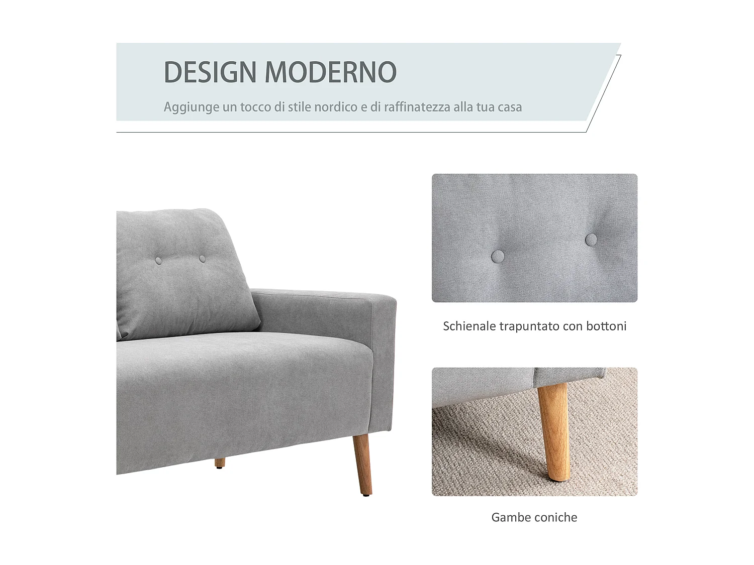 Divano 2 posti con cuscini schienale trapuntato colore grigio