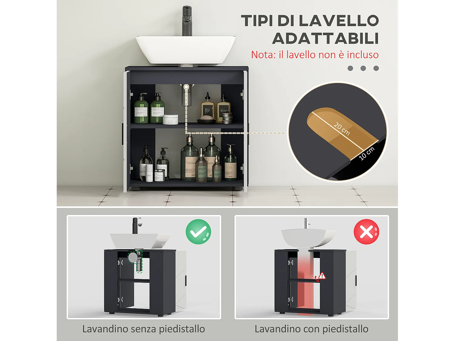 Mobile bagno 2 ante sottolavabo 60x30x60cm grigio