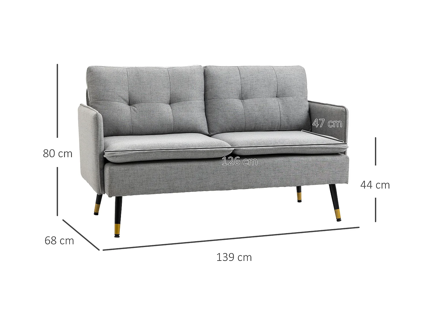 Divano 2 posti in tessuto con cuscini imbottiti 139x68x80cm grigio