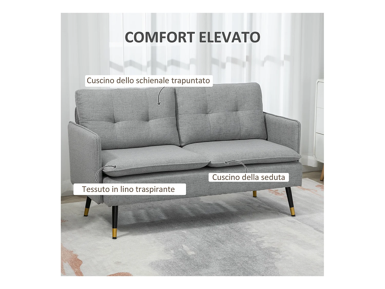 Divano 2 posti in tessuto con cuscini imbottiti 139x68x80cm grigio