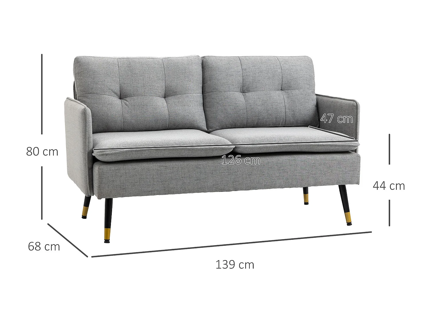 Divano 2 posti in tessuto con cuscini imbottiti 139x68x80cm grigio