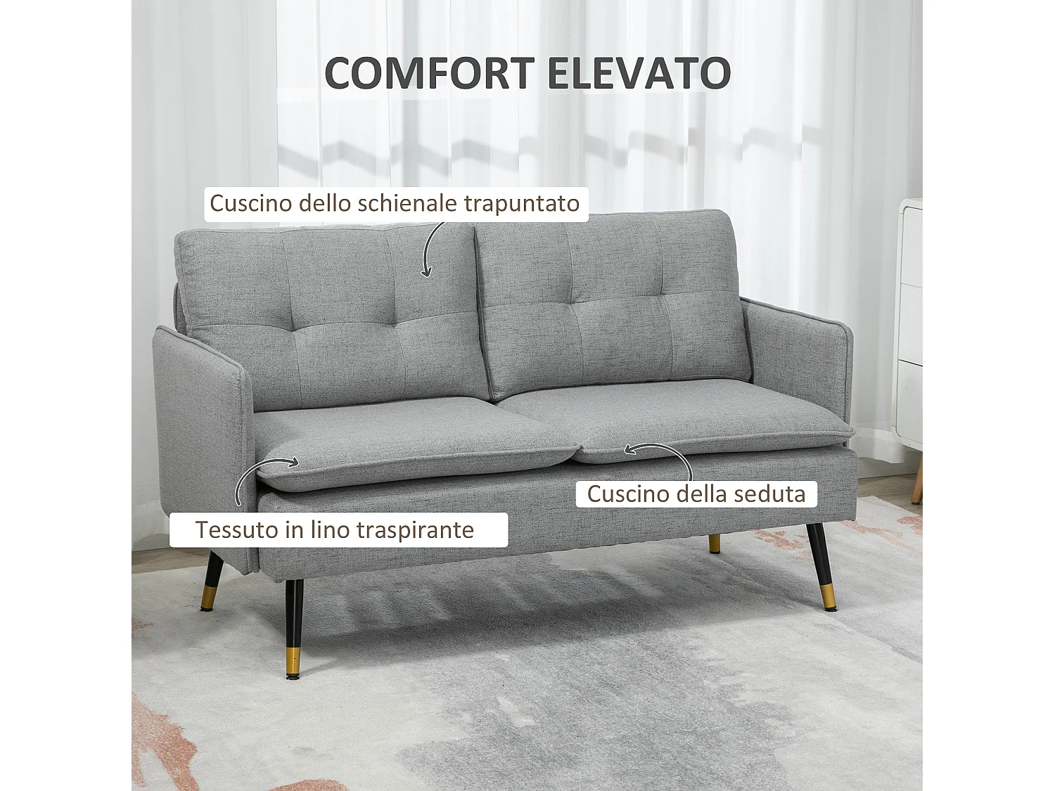 Divano 2 posti in tessuto con cuscini imbottiti 139x68x80cm grigio
