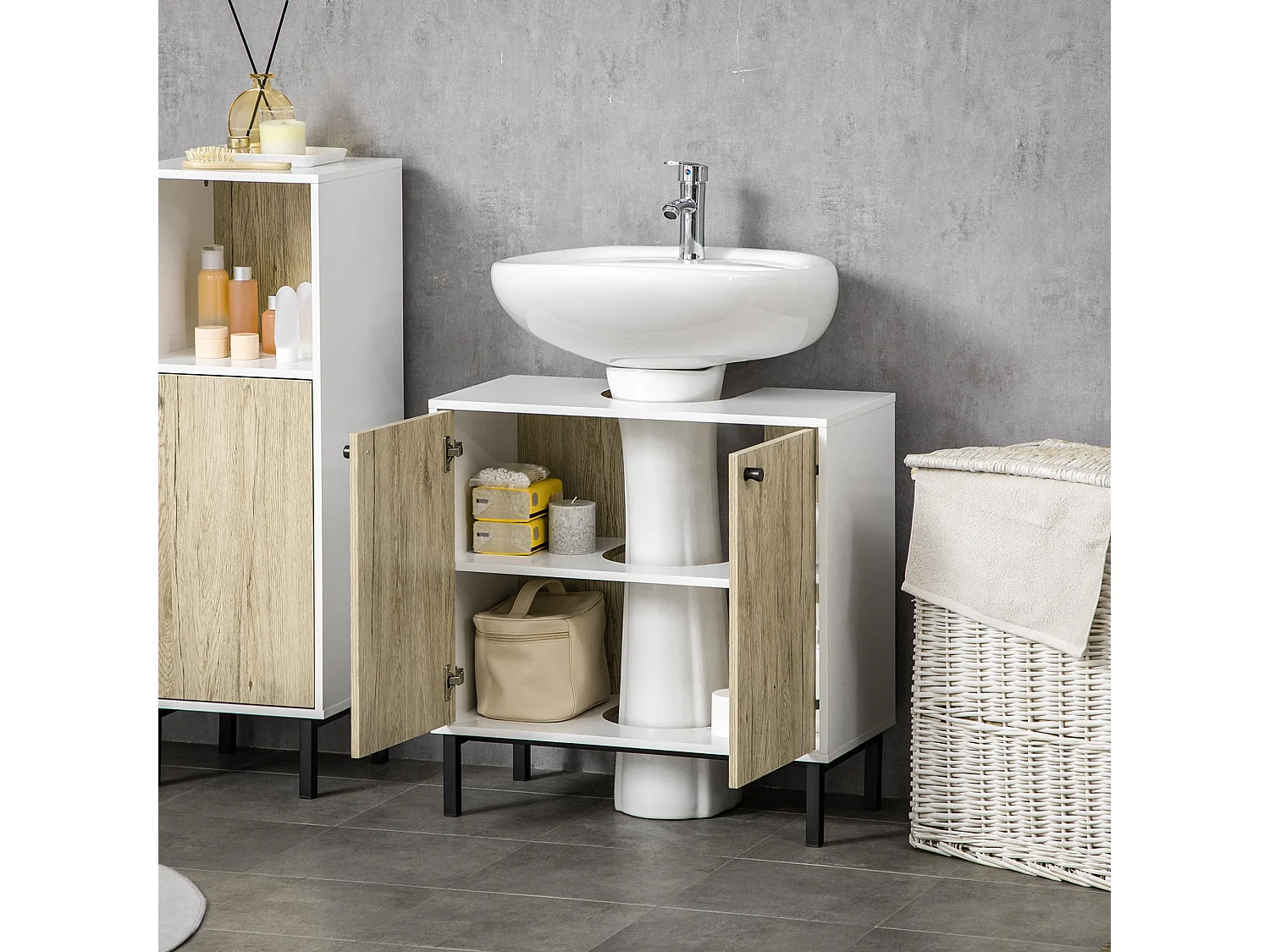 Mobile bagno sottolavabo con ripiano interno bianco rovere
