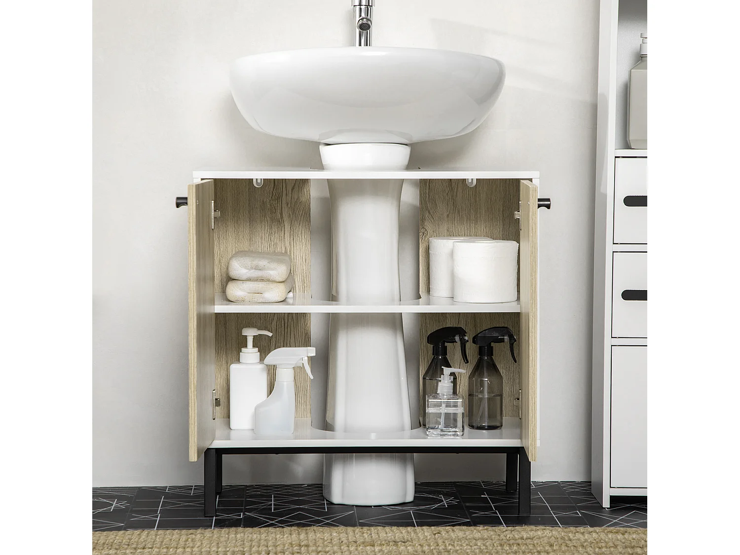 Mobile bagno sottolavabo con ripiano interno bianco rovere