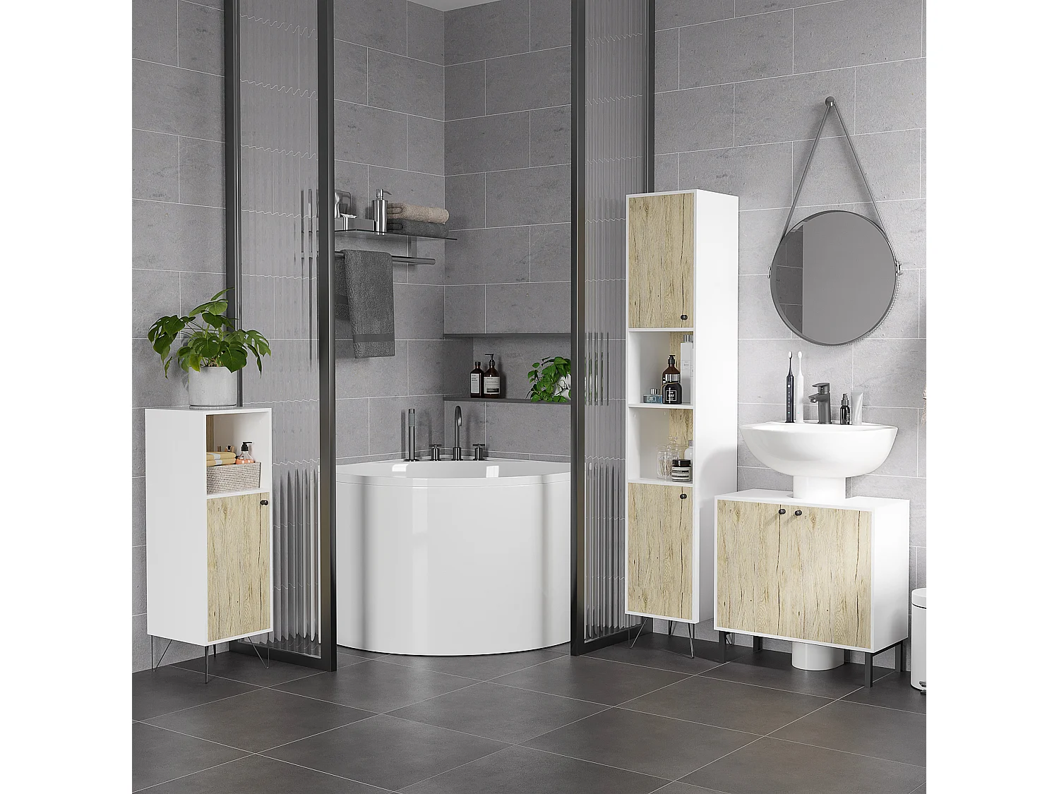 Mobile bagno sottolavabo con ripiano interno bianco rovere