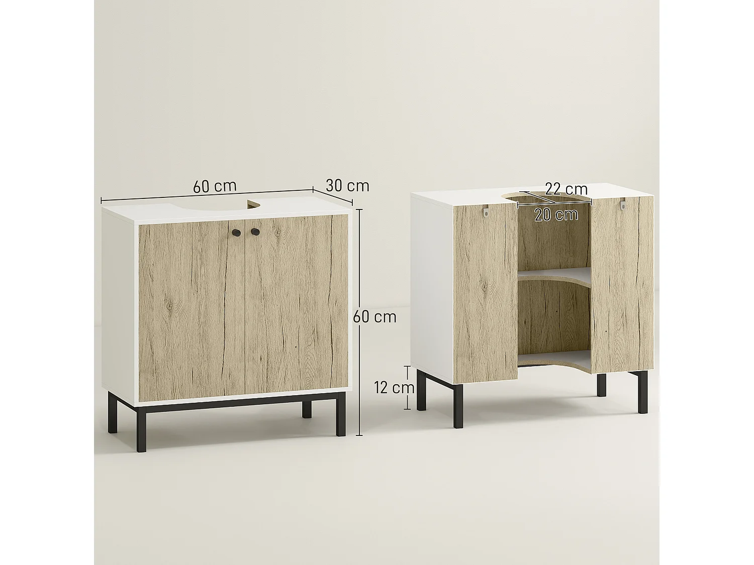 Mobile bagno sottolavabo con ripiano interno bianco rovere