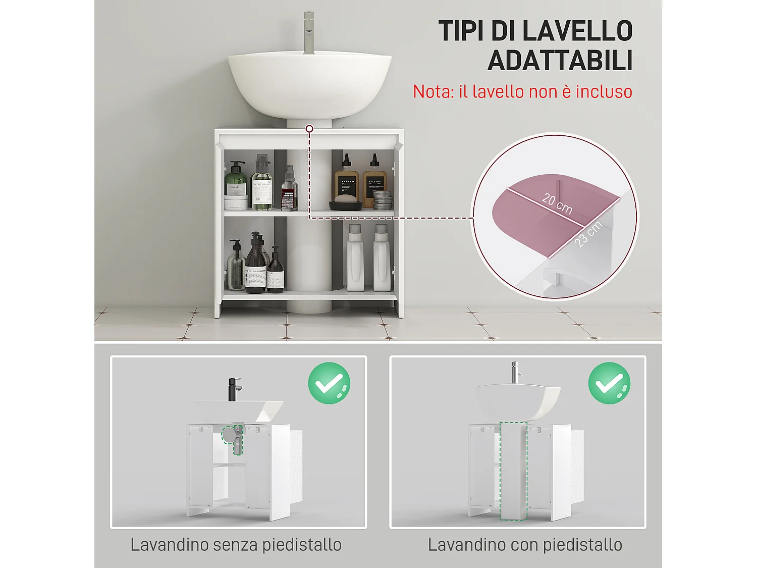 Mobile sottolavabo 2 ante decorate e intaglio a u 60x30x60cm bianco