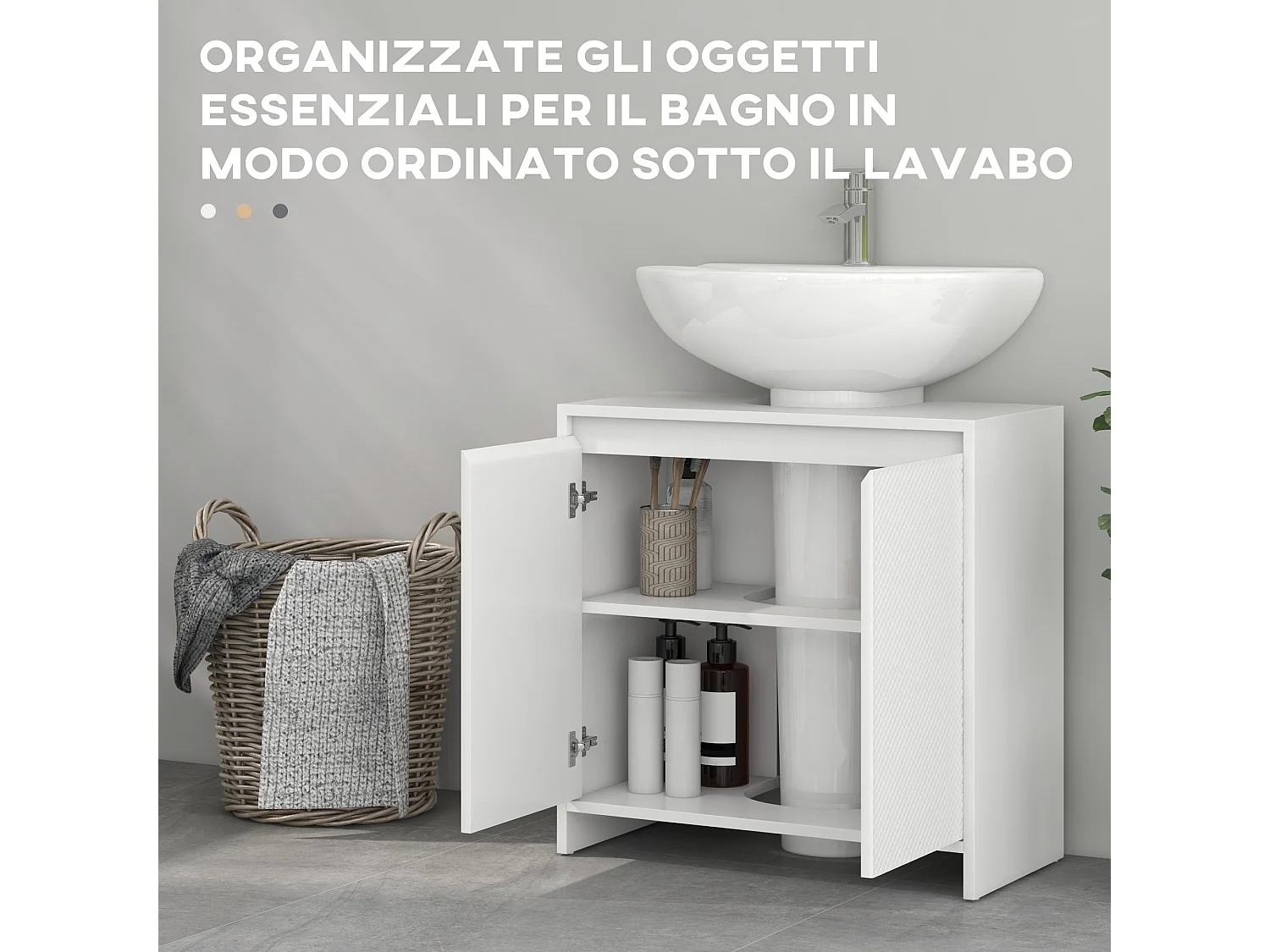 Mobile sottolavabo 2 ante decorate e intaglio a u 60x30x60cm bianco