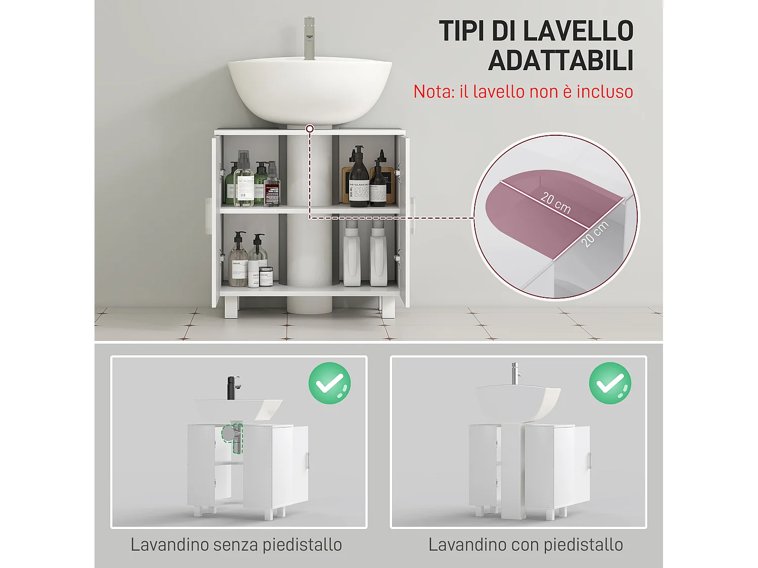 Mobile Sottolavabo bagno con ripiano centrale in mdf 60x35x60cm bianco