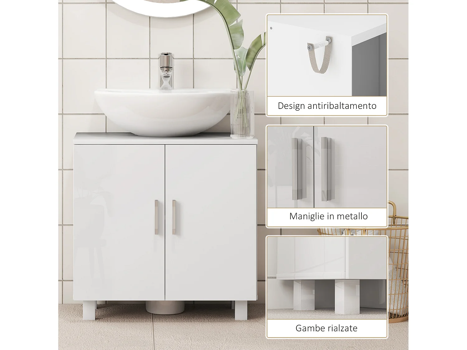 Mobile Sottolavabo bagno con ripiano centrale in mdf 60x35x60cm bianco