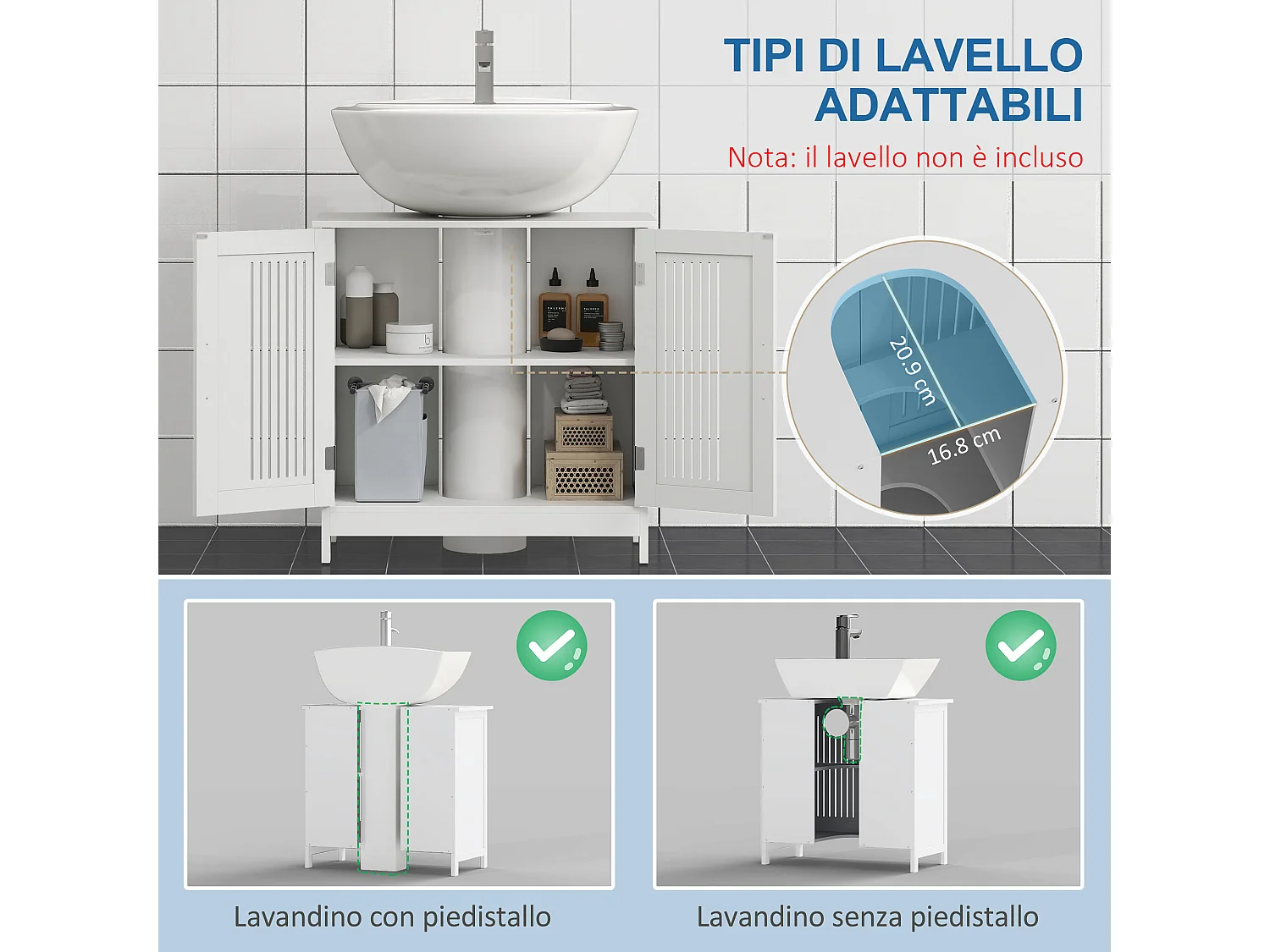 Mobiletto da bagno sottolavabo regolabile a 2 ante bianco