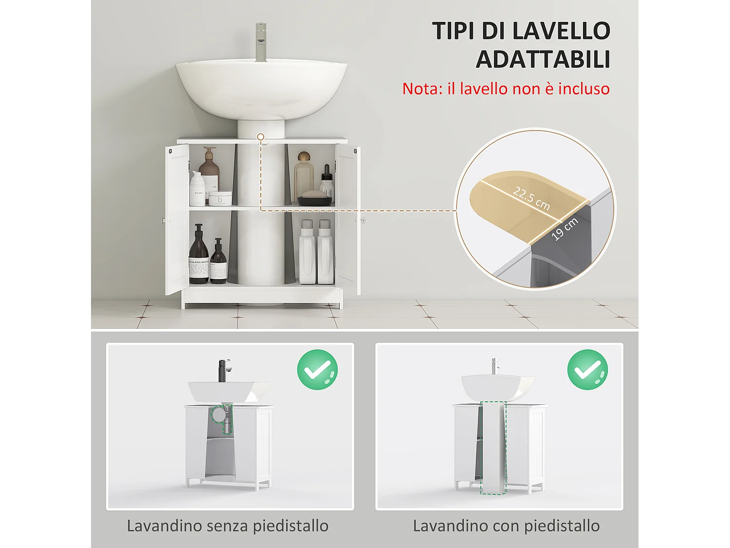 Amardietto sottolavabo con 2 ante in mdf bianco