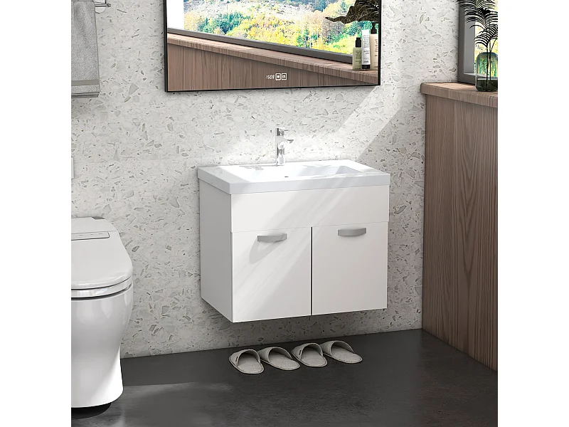 Mobile bagno sospeso con lavabo a 2 ante bianco lucido