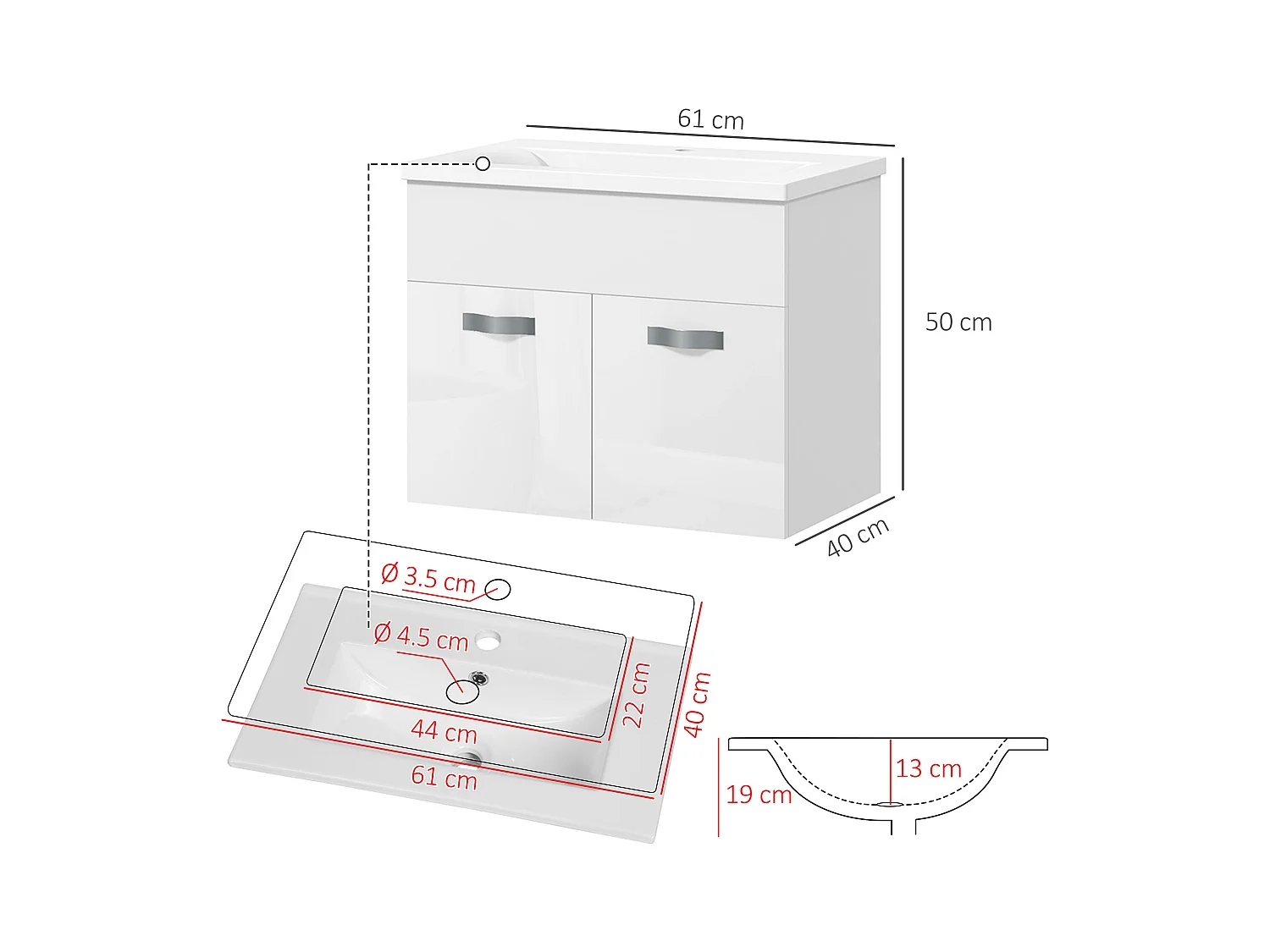Mobile bagno sospeso con lavabo a 2 ante bianco lucido