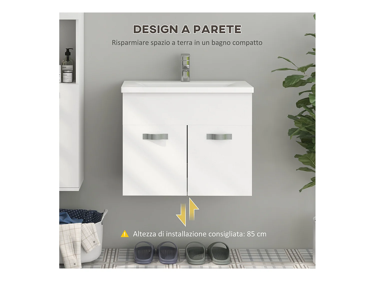 Mobile bagno sospeso con lavabo a 2 ante bianco lucido