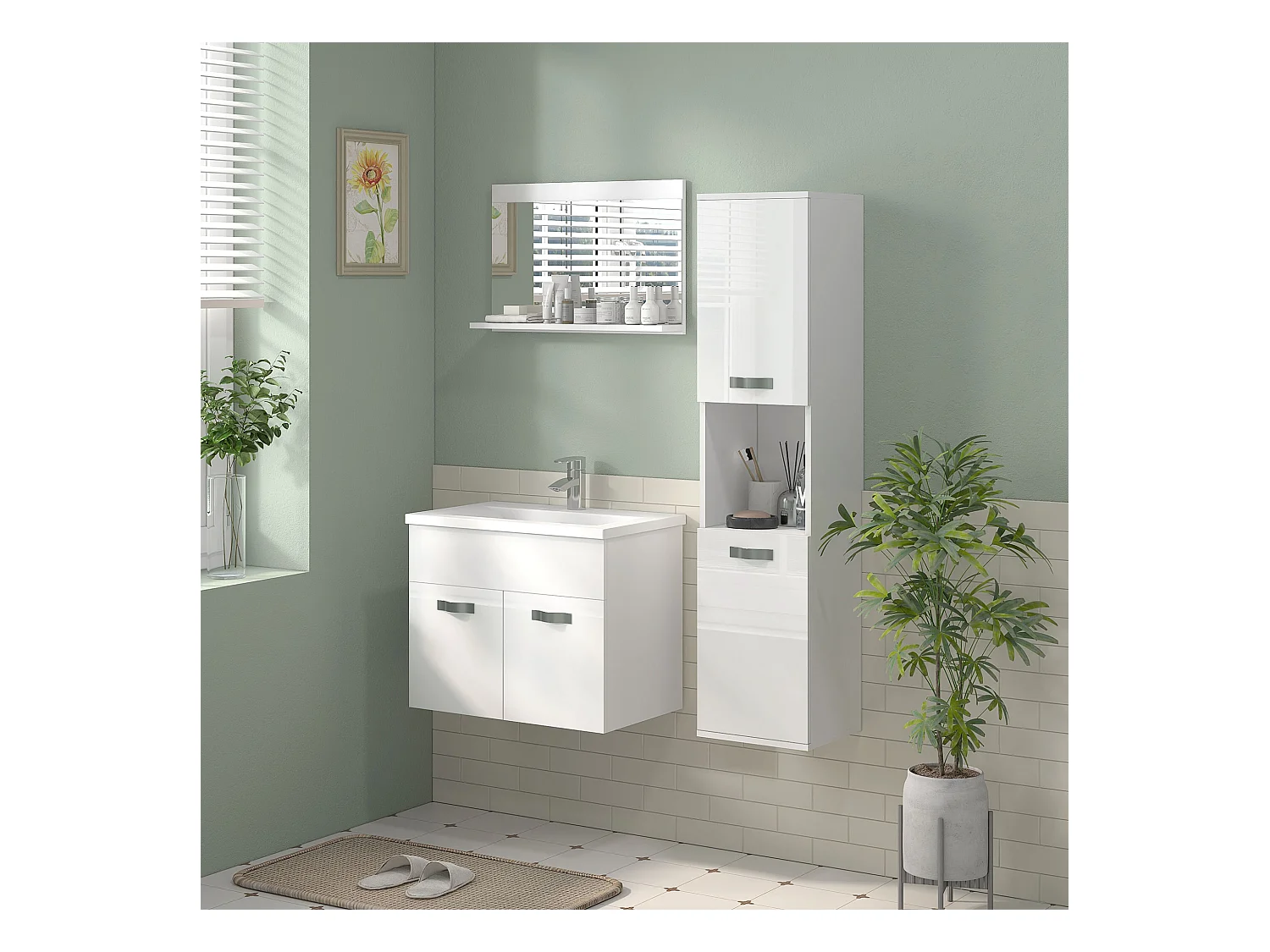 Mobile bagno sospeso con lavabo a 2 ante bianco lucido
