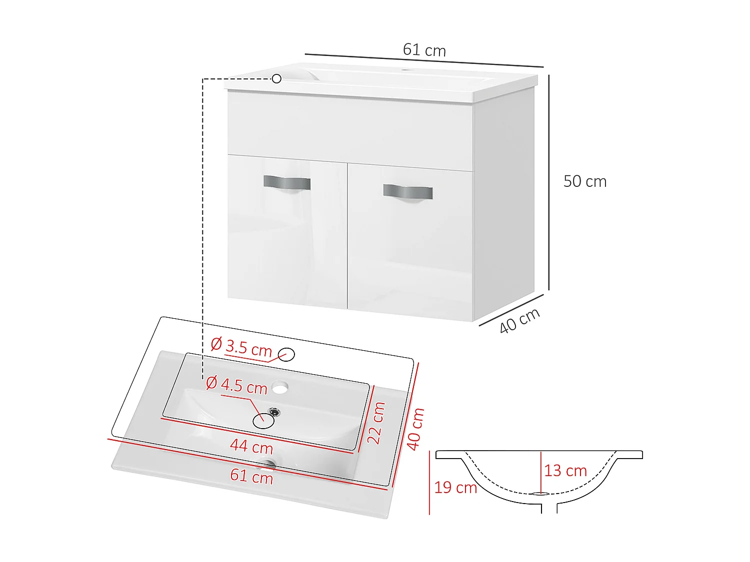Mobile bagno sospeso con lavabo a 2 ante bianco lucido