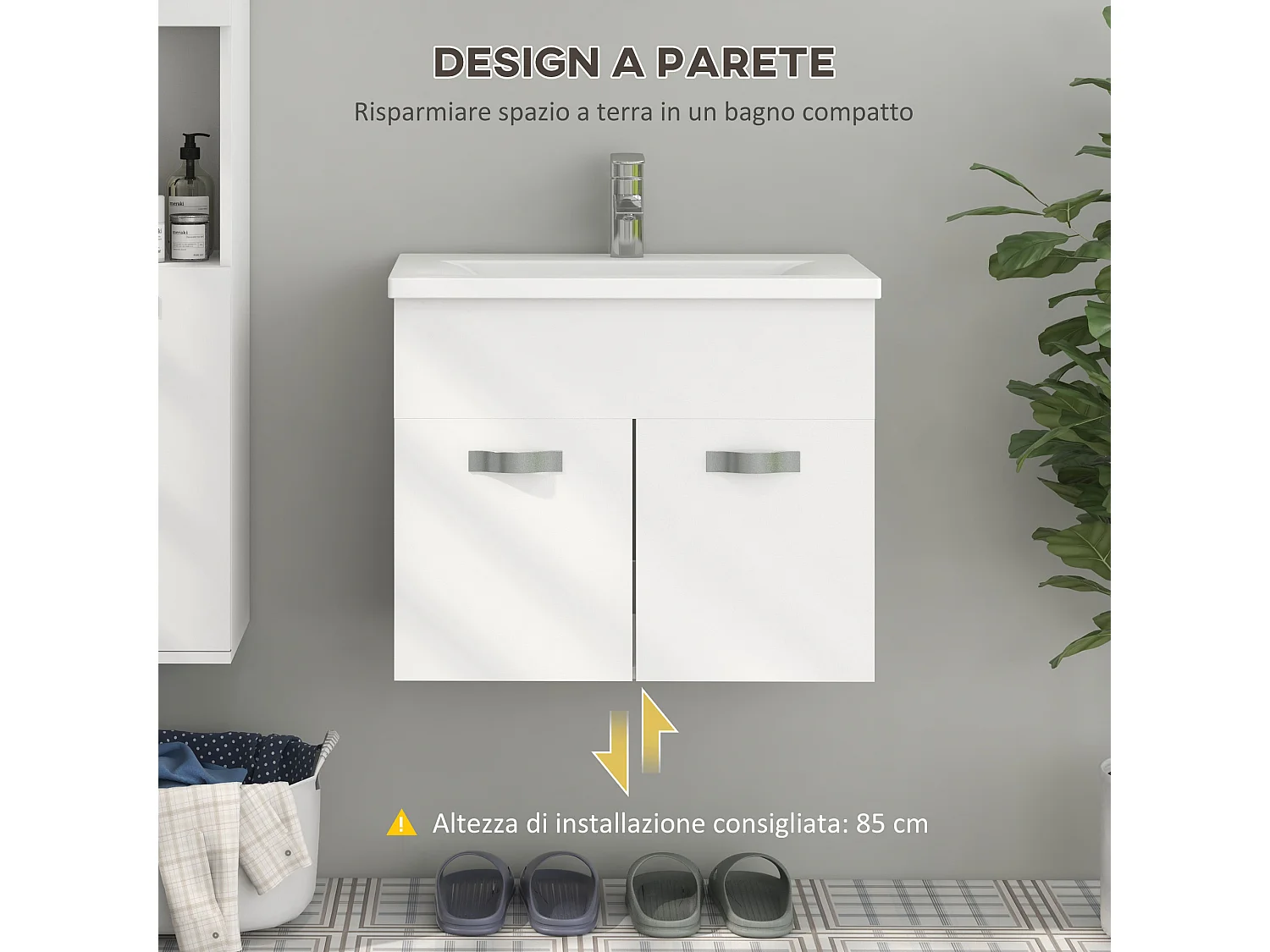 Mobile bagno sospeso con lavabo a 2 ante bianco lucido