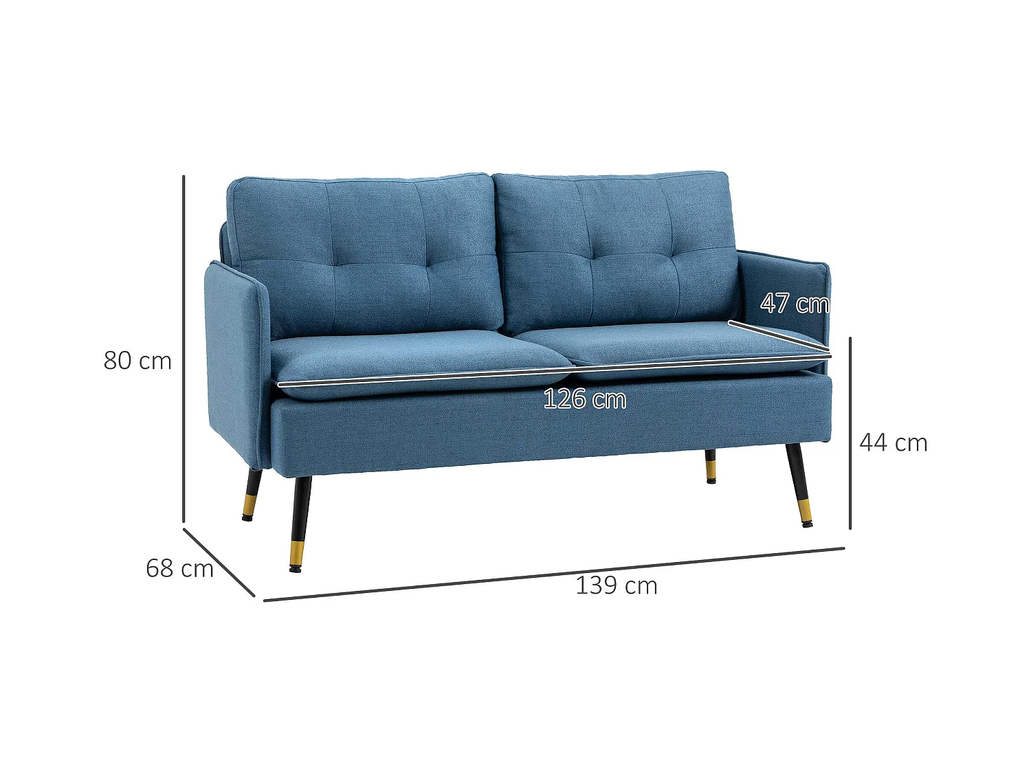 Divano 2 posti in tessuto con cuscini imbottiti blu scuro