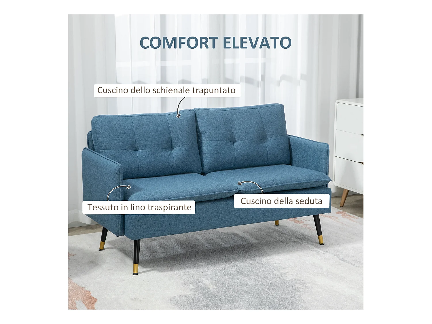 Divano 2 posti in tessuto con cuscini imbottiti blu scuro