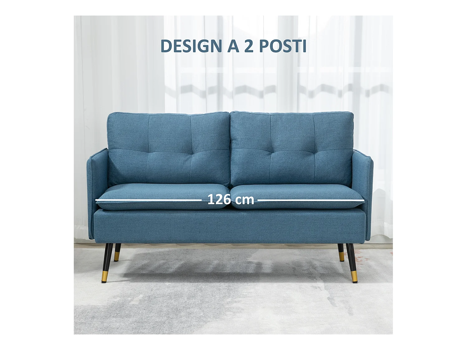Divano 2 posti in tessuto con cuscini imbottiti blu scuro
