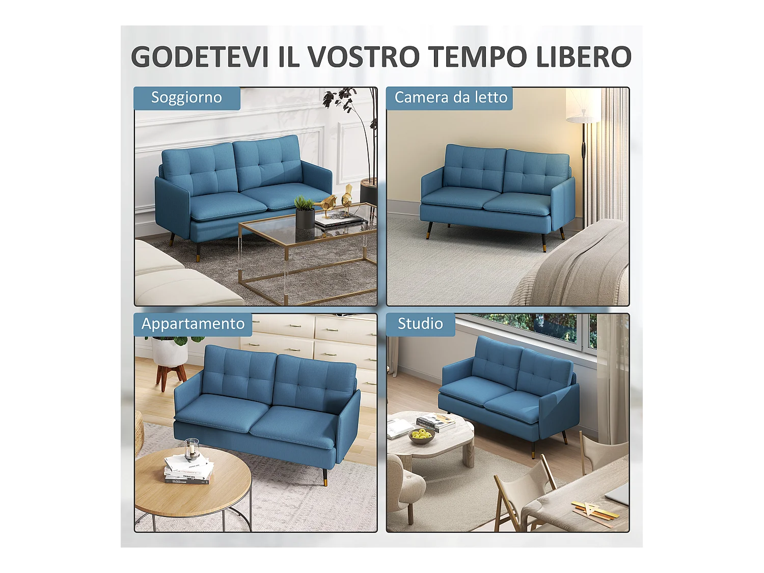 Divano 2 posti in tessuto con cuscini imbottiti blu scuro