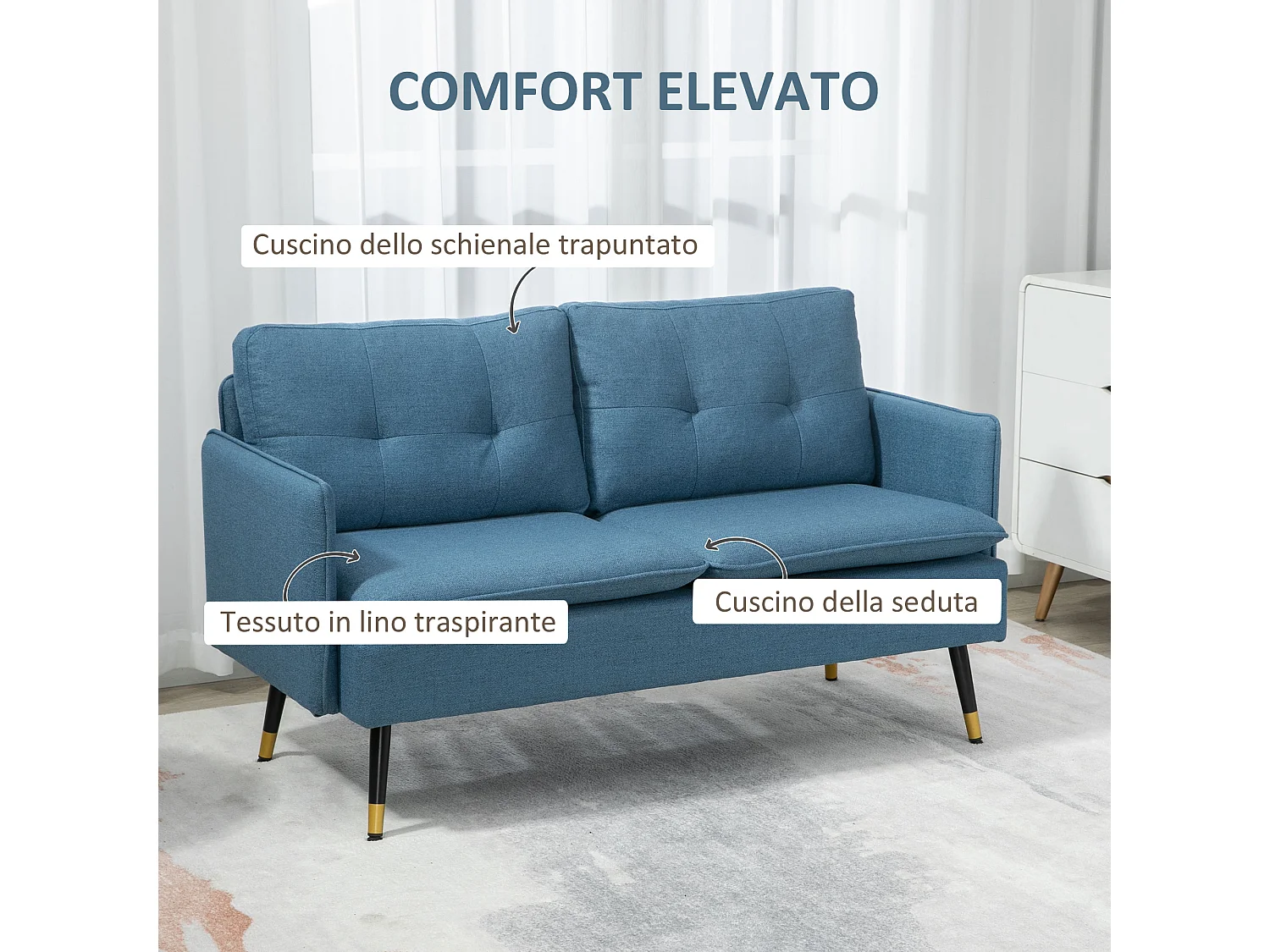 Divano 2 posti in tessuto con cuscini imbottiti blu scuro