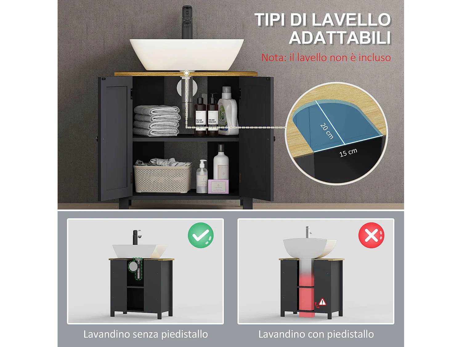 Mobile sottolavabo a 2 ante con ripiano interno regolabile