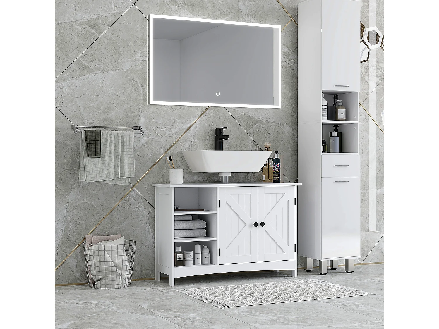 Mobile sottolavabo con armadietto 2 ante e 3 ripiani bianco