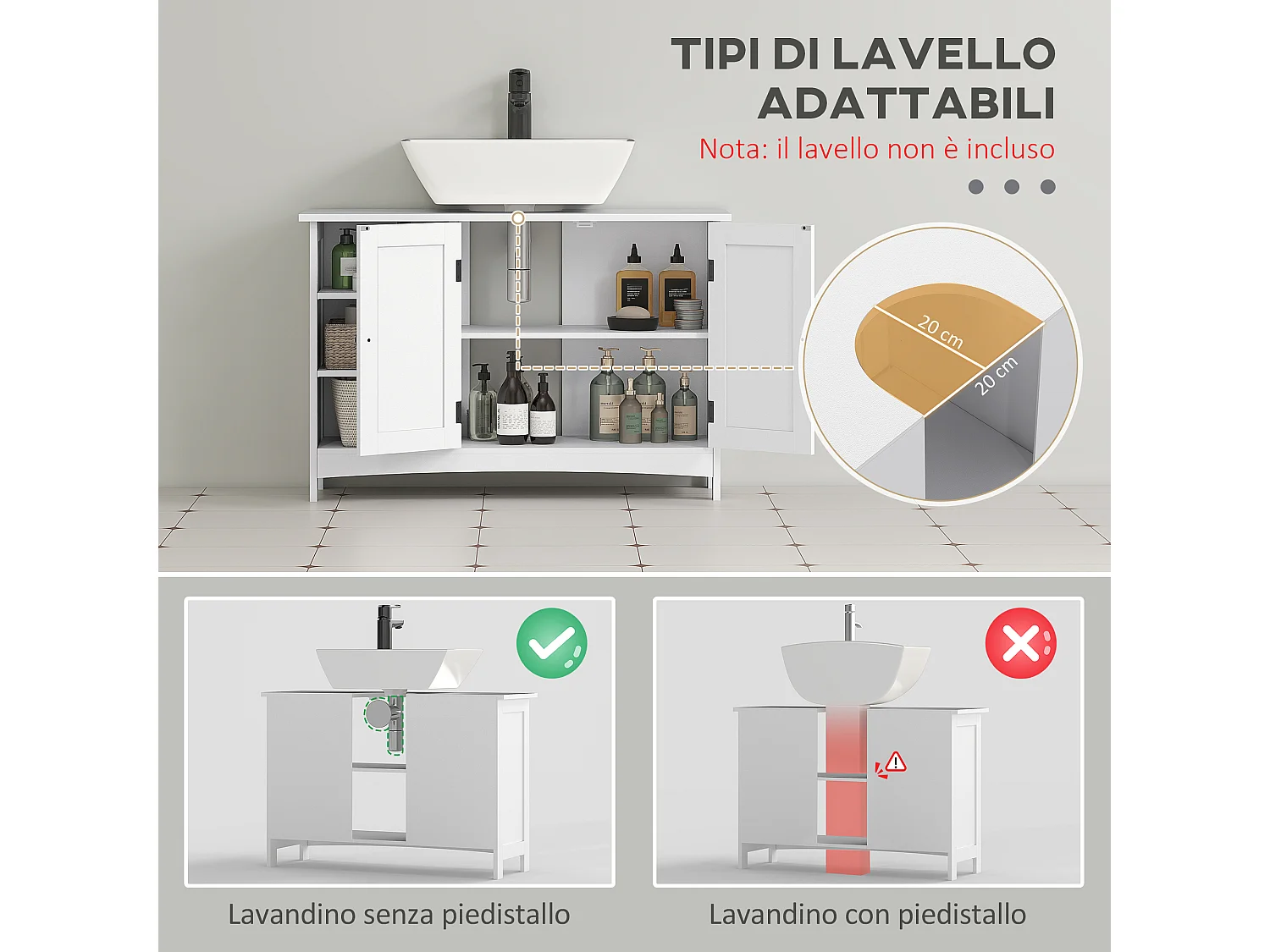 Mobile sottolavabo con armadietto 2 ante e 3 ripiani bianco