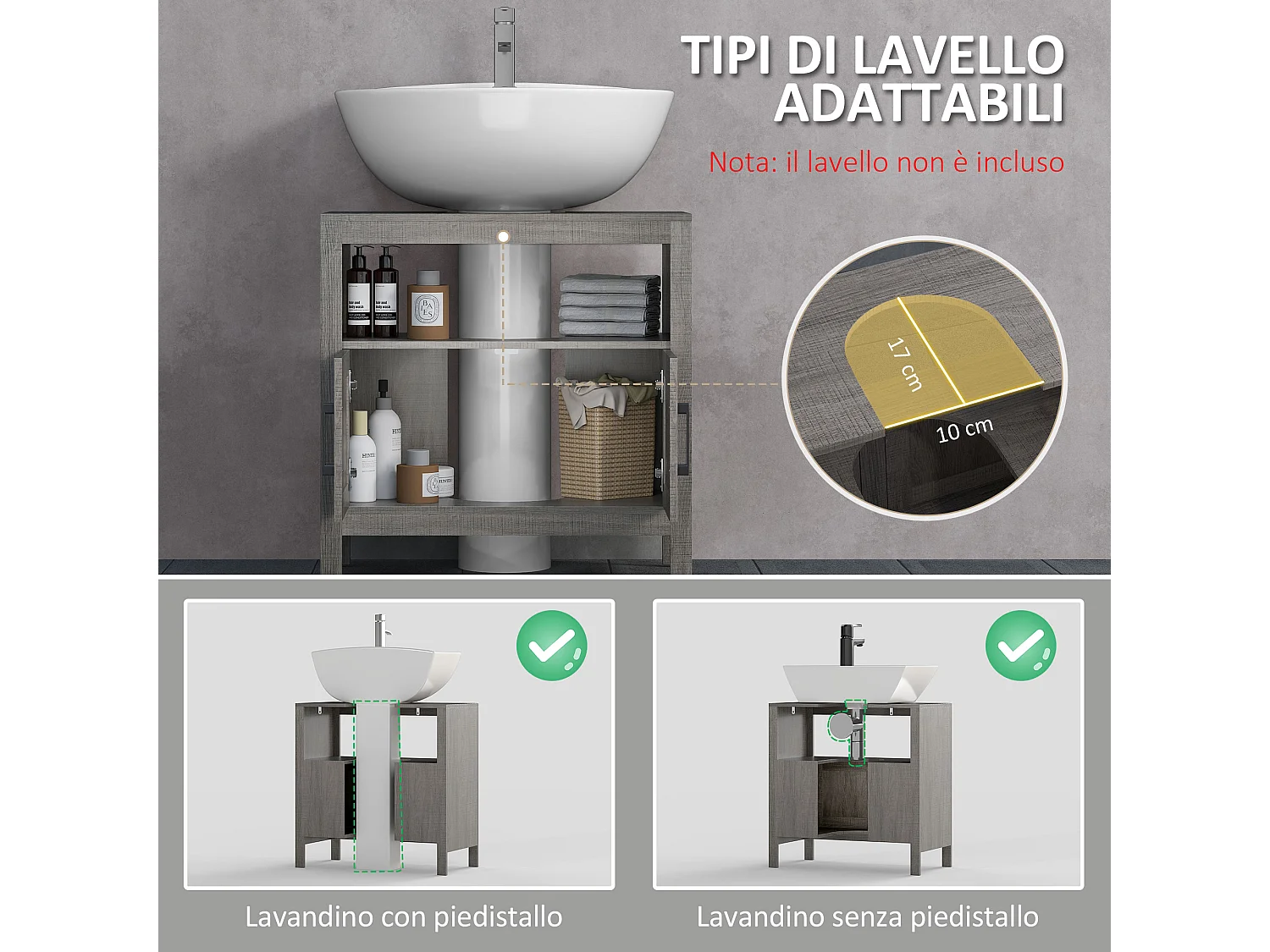 Mobile sottolavabo con armadietto e ripiani in legno grigio