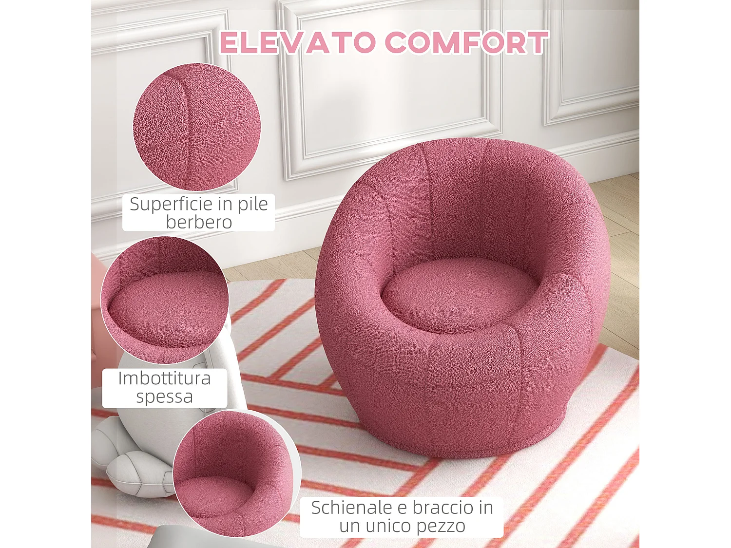 Poltroncina rotonda moderna in peluche rosa