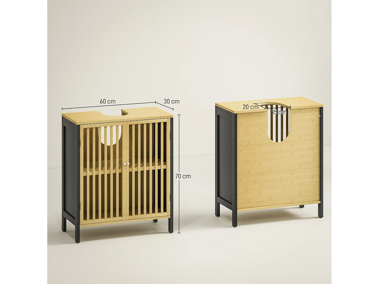 Mobile sottolavabo con 2 ante a doghe in legno di bambù e mdf