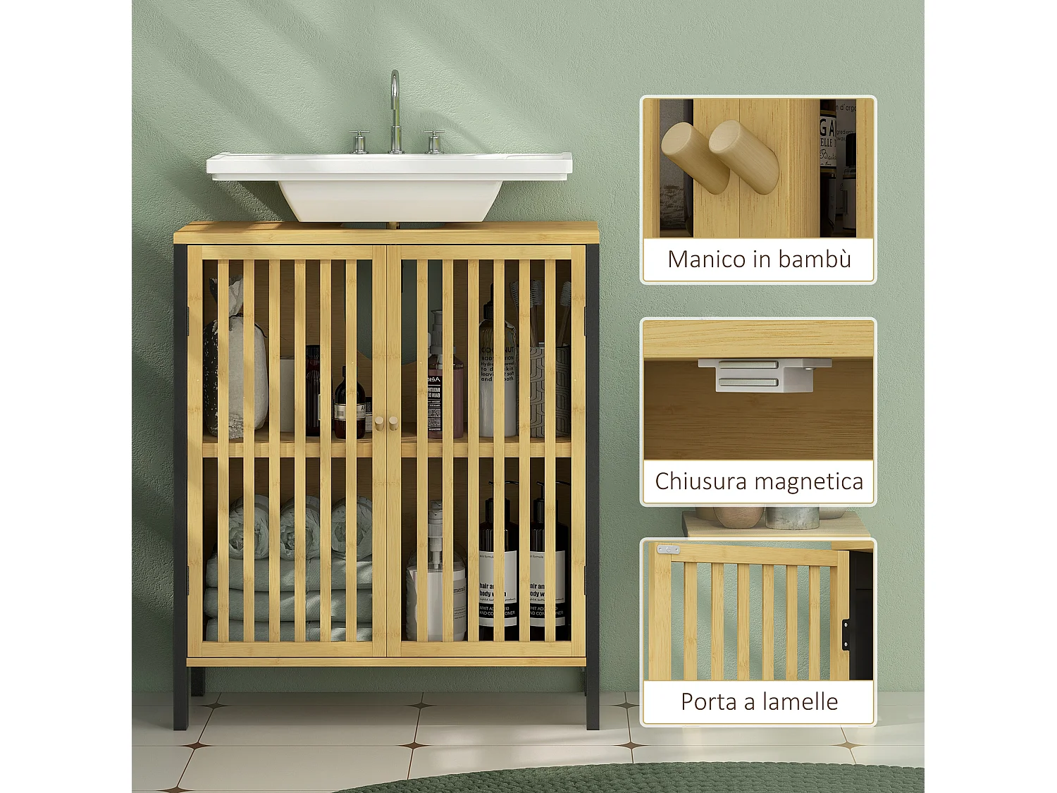 Mobile sottolavabo con 2 ante a doghe in legno di bambù e mdf