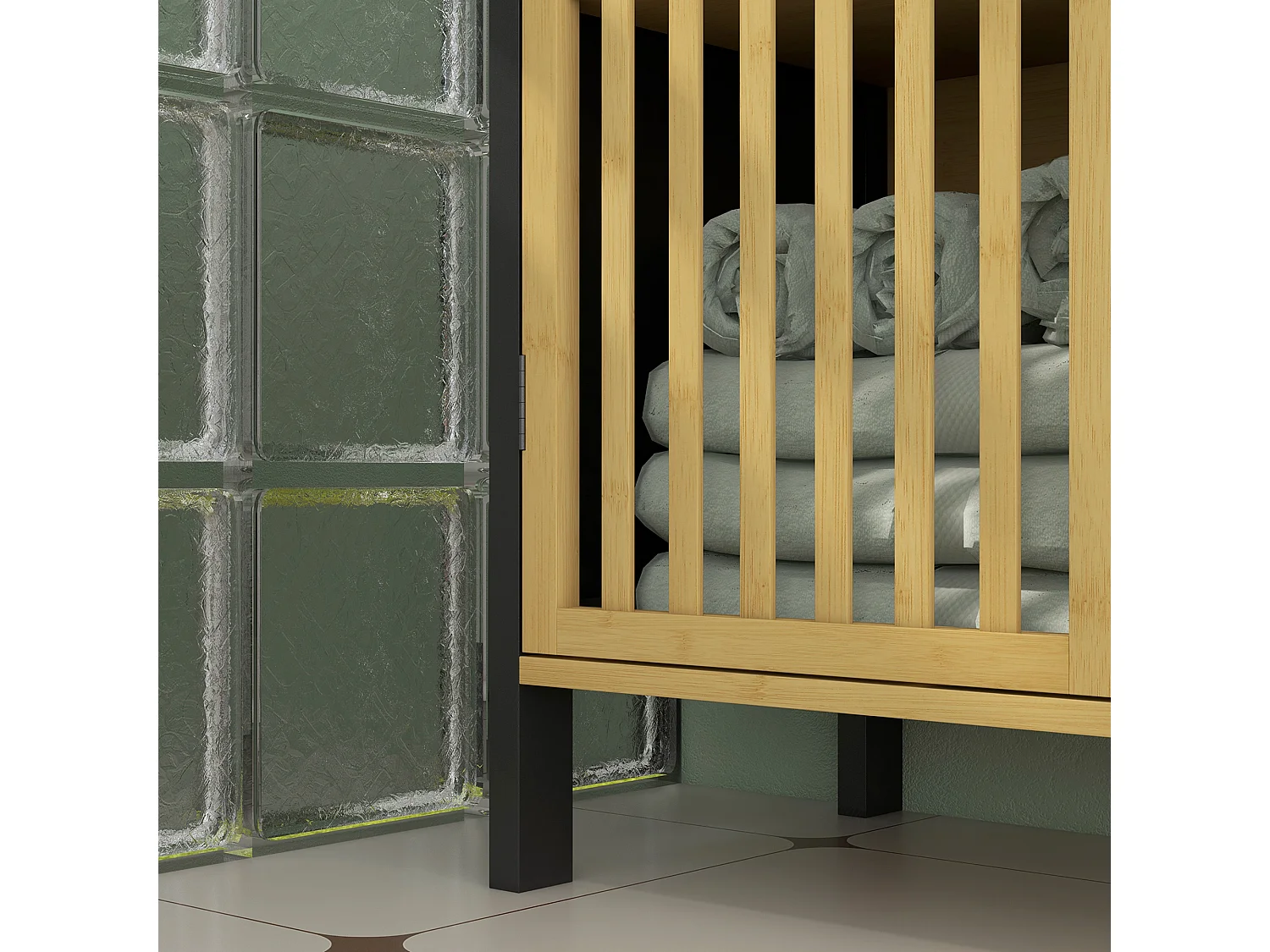 Mobile sottolavabo con 2 ante a doghe in legno di bambù e mdf