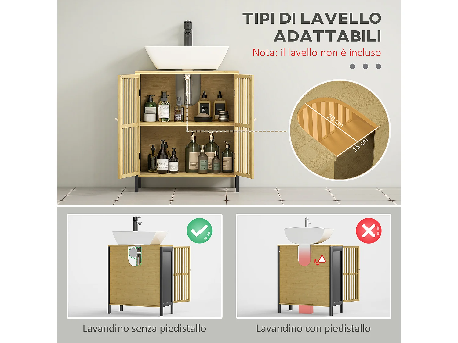 Mobile sottolavabo con 2 ante a doghe in legno di bambù e mdf