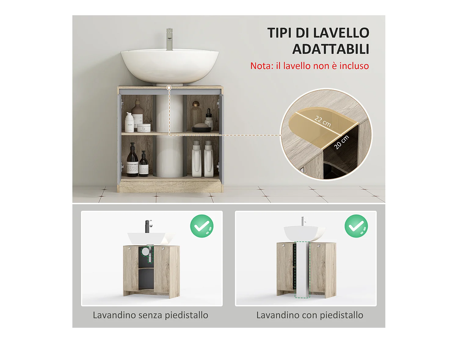 Armadietto sottolavabo con ante e mensole in mdf multicolore